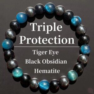 Triple Protection Beaded Bracelet – Tiger Eye, Black Obsidian, Hematite